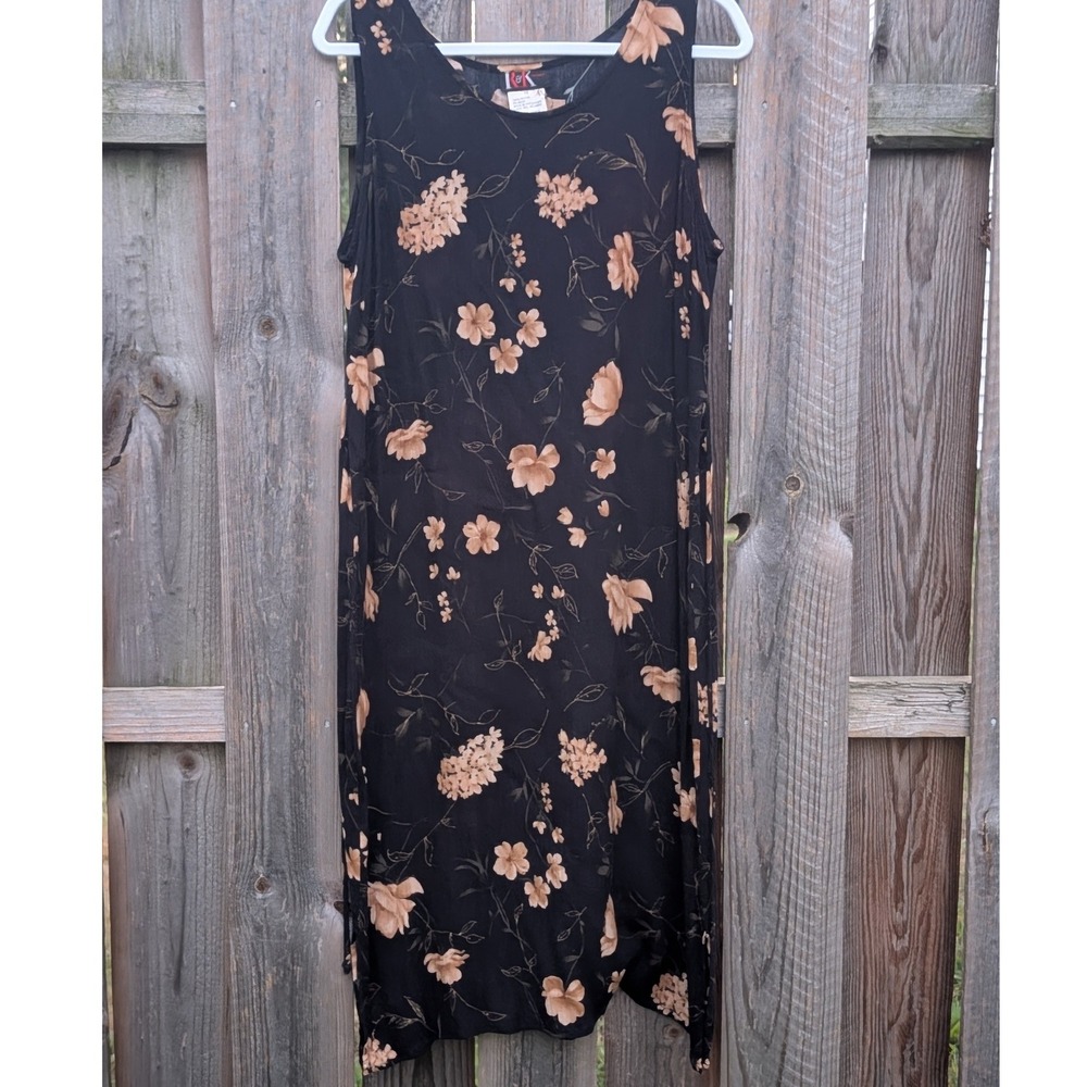 Womens R&K Originals Black Floral Rayon Midi Dress 10 Excellent 90s Sleeveless